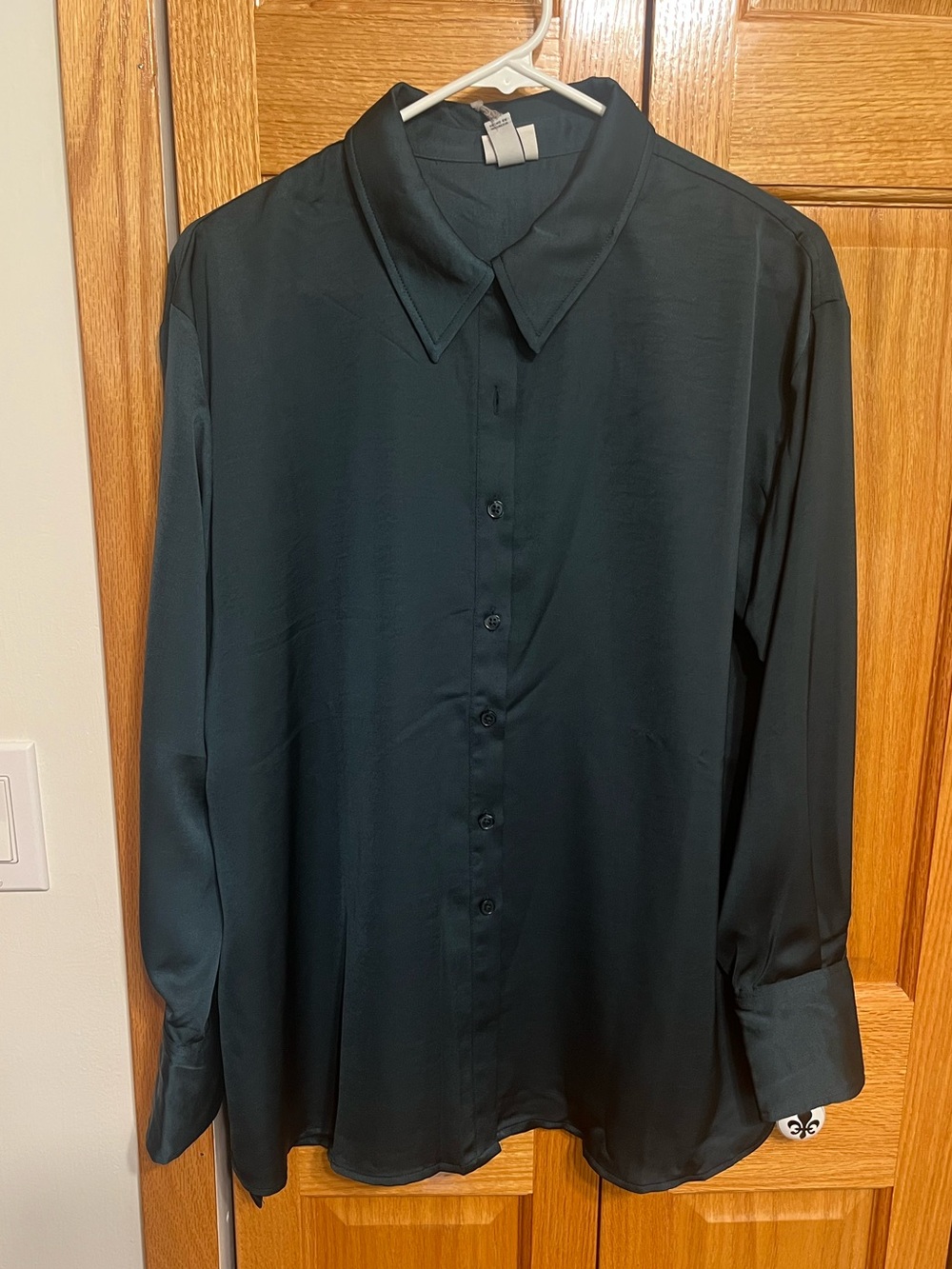 Forest green satin button down shirt. A New Day. Size Large. NWT